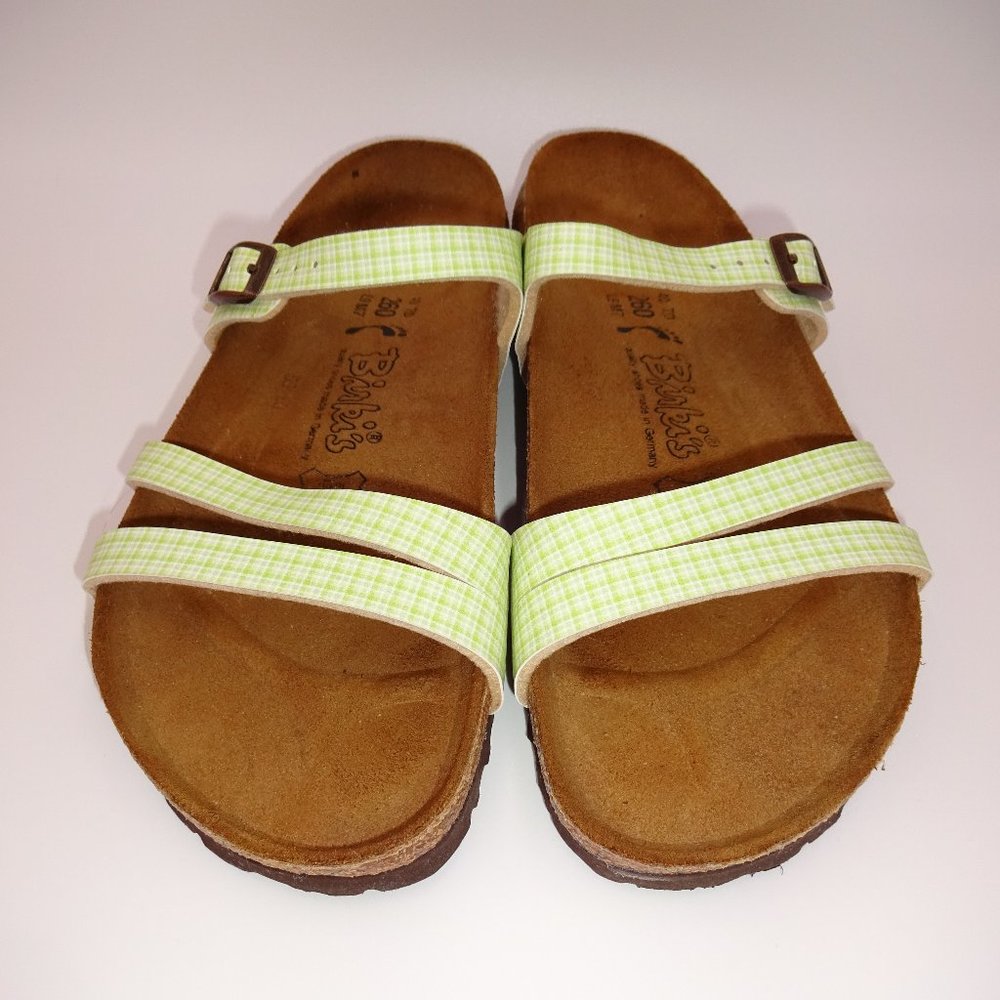 Womens Green White Plaid Birkenstock Birkis Birki's Sandals 40 9 Triple Strap - Picture 2 of 8